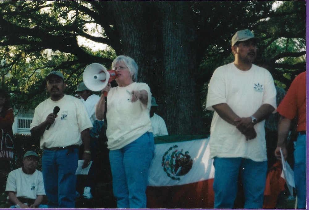 Lucas Benitex, co-director of CIW, Sr Ann Kendrick from FW Ministry of Orlando Catholic Diocese gather in Tallahassee, FL, at the Governor's mansion during the march for "Dignity" 2001