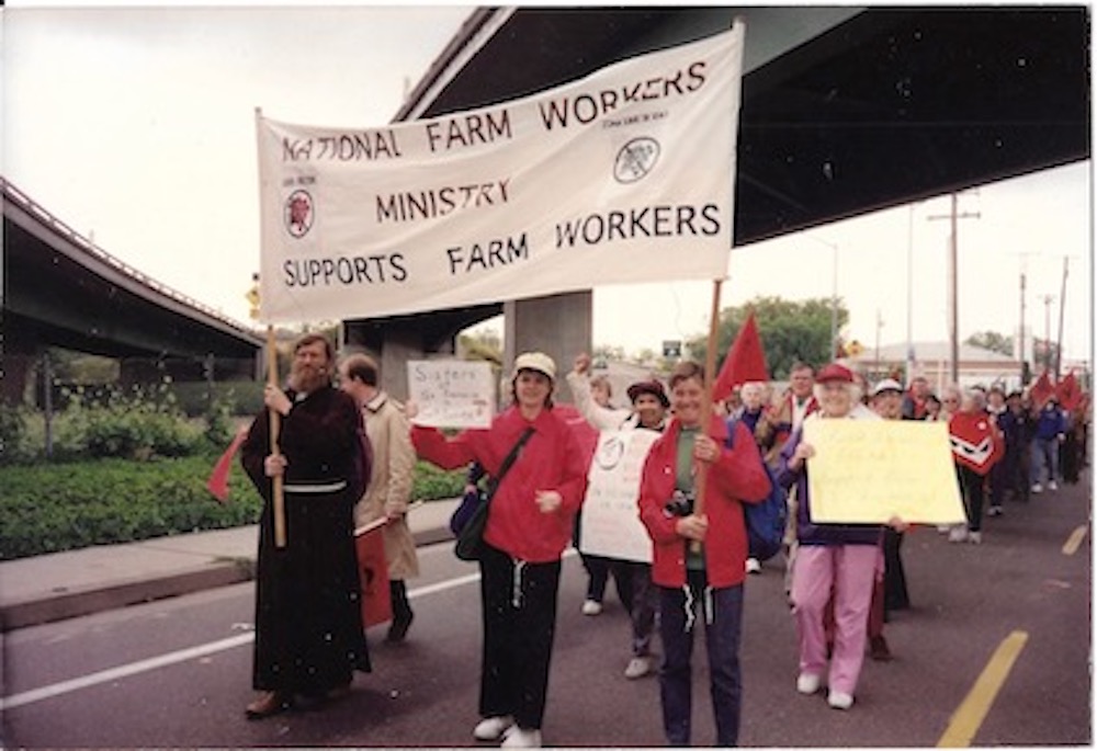 NFWM Bd Meeting at UFW Peregrenacion a Sacramento. Maureen Leach, Tess Brown, Creez Phillips, Mary Nosstrom, Jerome Waldie, Millie Moser Smith. Photo by Roy Giordano