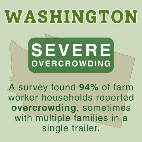NFWM Washington Housing Fact Washington farm worker housing fact: A survey found 94% of farm worker households lived in overcrowded conditions, often with multiple families sharing a single trailer.